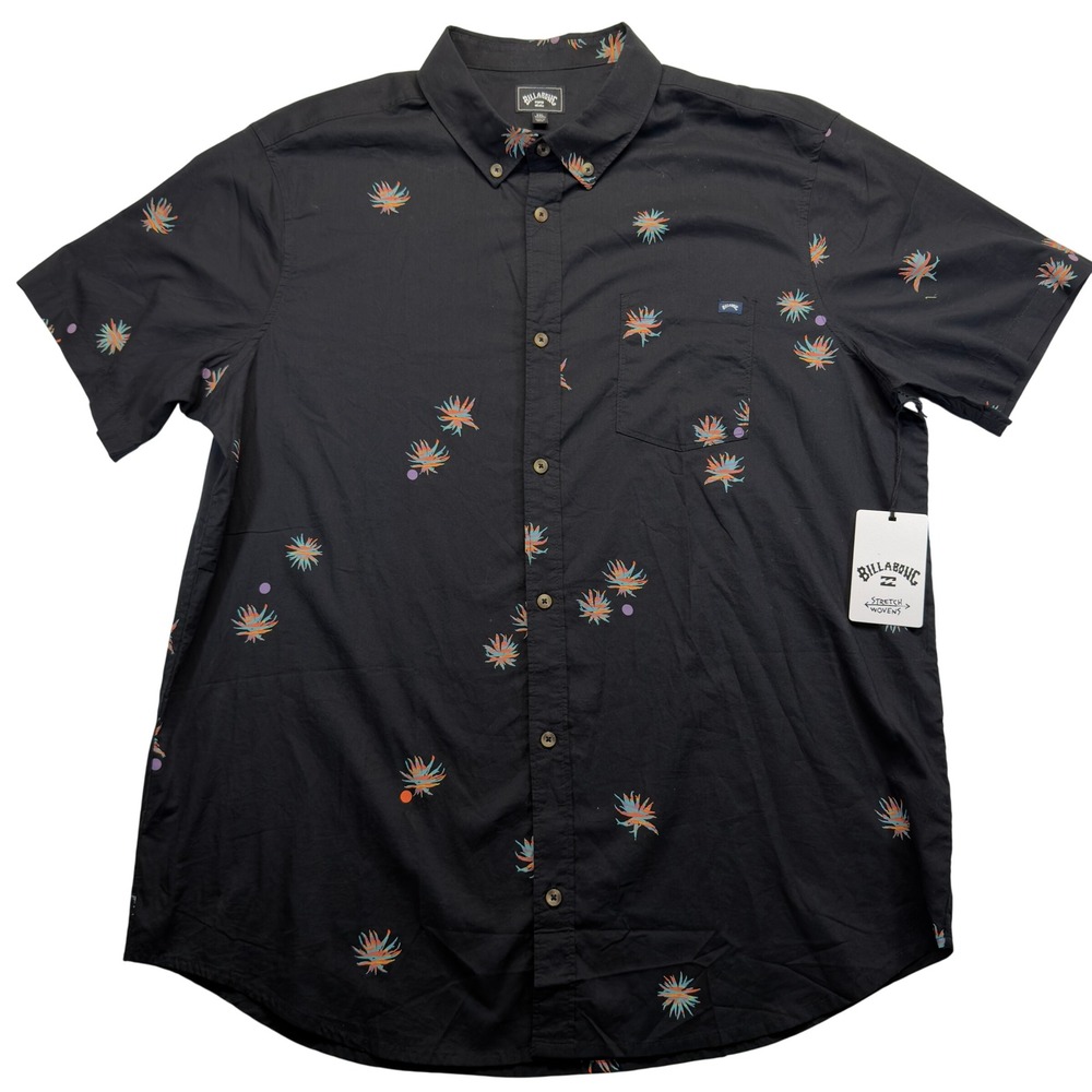 Billabong Mens XXL NWT Stretch Woven Shirt Black Floral Button Down Surf